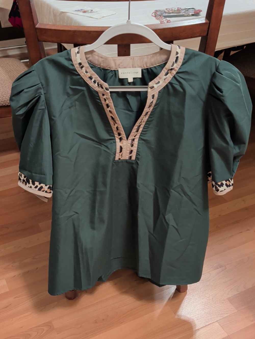 Anthropologie Forest Green Puff-Sleeve Blouse with Beige Trim